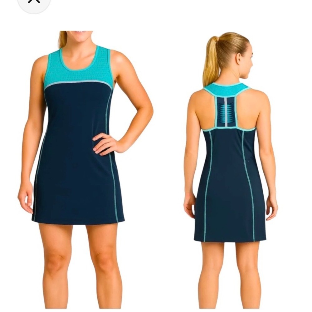 Title Nine Twisted Sister Navy Blue Turquoise Mesh Racerback Athletic Dress S